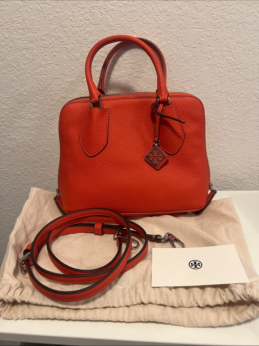 Tory Burch Coral Red Pebbled Leather Satchel with Crossbody Strap